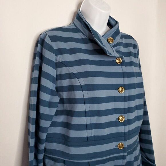 Blue Striped Jacket M Mandarin Collar Two Tone Pockets Pleated Matilda Jane - Picture 2 of 5